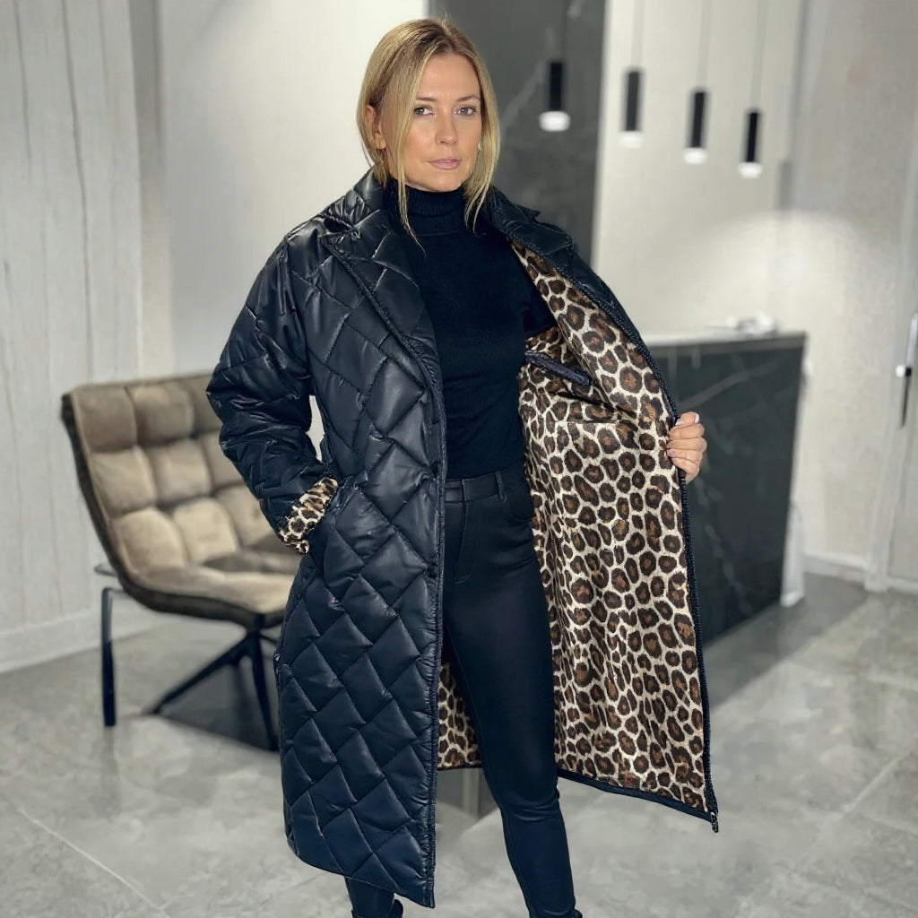 Beata - Oboustranný prošívaný kabát s leopardí podšívkou