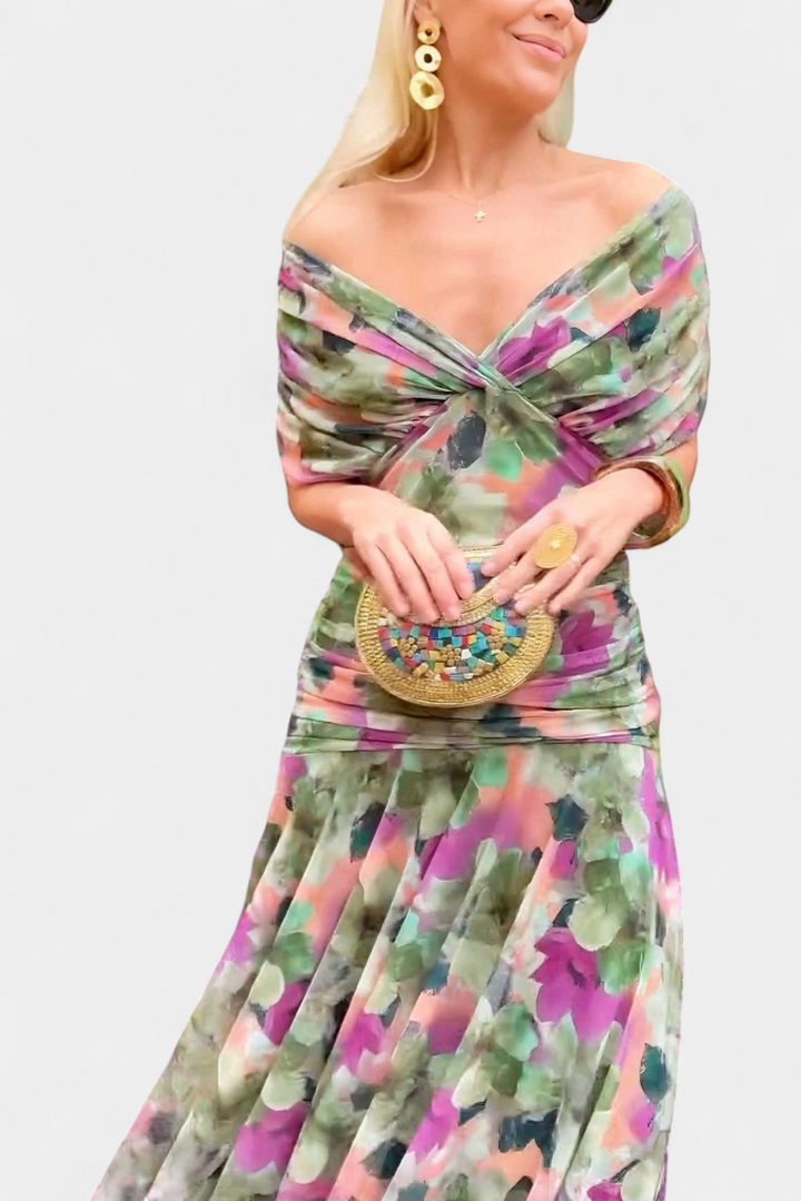 Magda - Dlouhá květinová šaty s výstřihem do V
