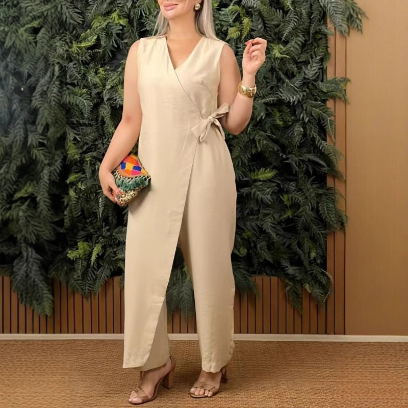 Lilianna - Dámský casual overal s výstřihem do V a páskem
