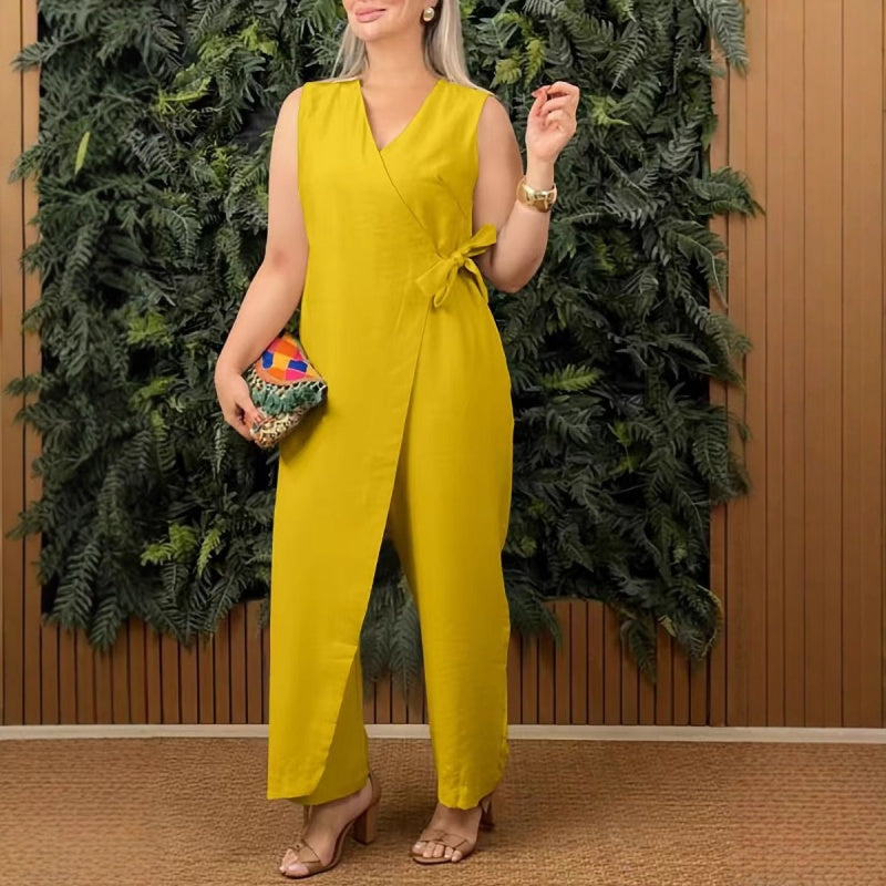 Lilianna - Dámský casual overal s výstřihem do V a páskem